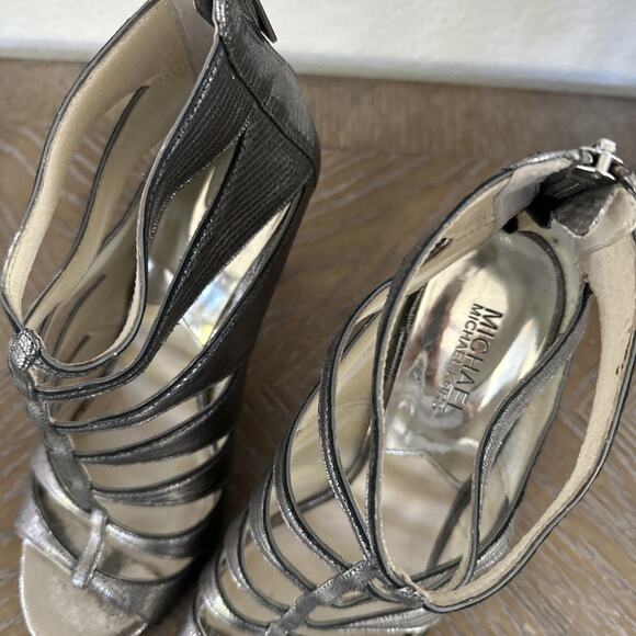 Michael Kors MK Silver Gladiator Metallic High Heels Size 9.5 M Cage Stiletto - Picture 4 of 12